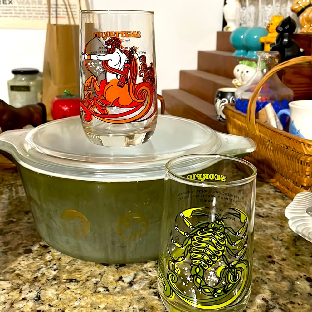 1970s Arby’s astrology glasses, Sagittarius and Scorpio